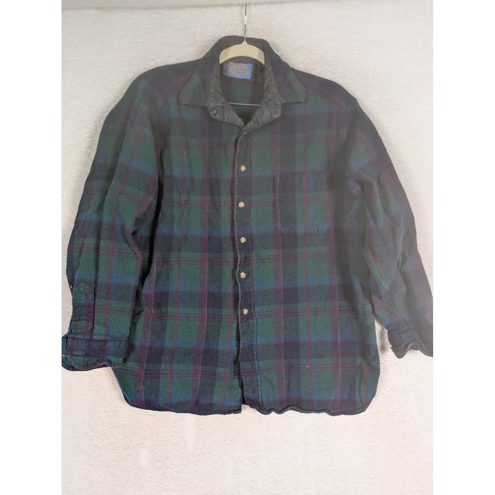 Pendleton Plaid Button Front Shirt Men's 1X Green Blue Purple Virgin Wool USA